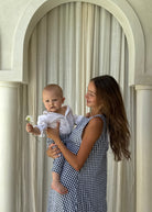 Matching mother and son navy gingham outfits for Easter and Mother's Day, preppy coordinating family photo look