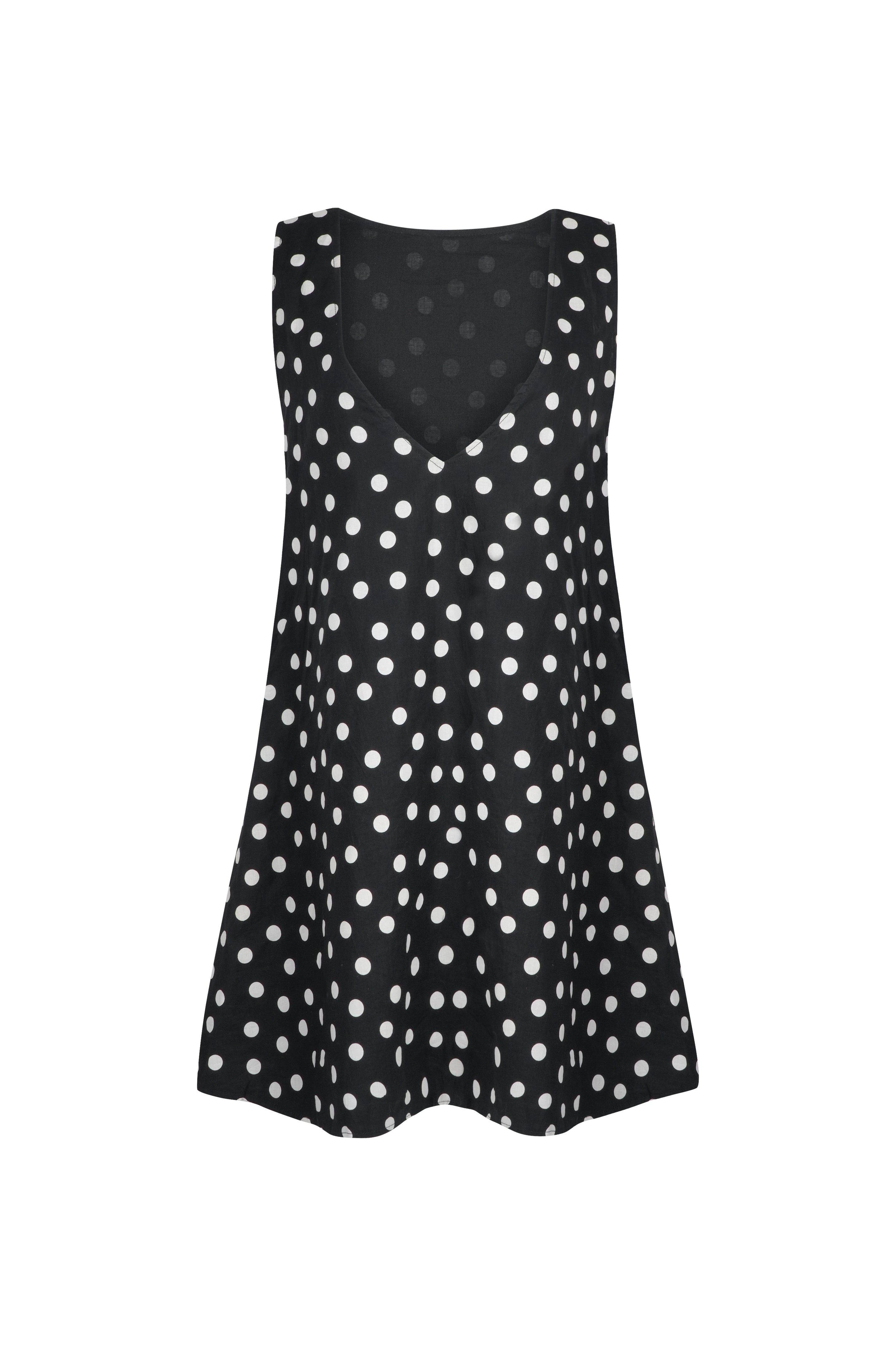 Mini Gili Polkadot flat lay ghost mannequin, black and white short cotton mini dress side zipper 100% cotton Puka The Label
