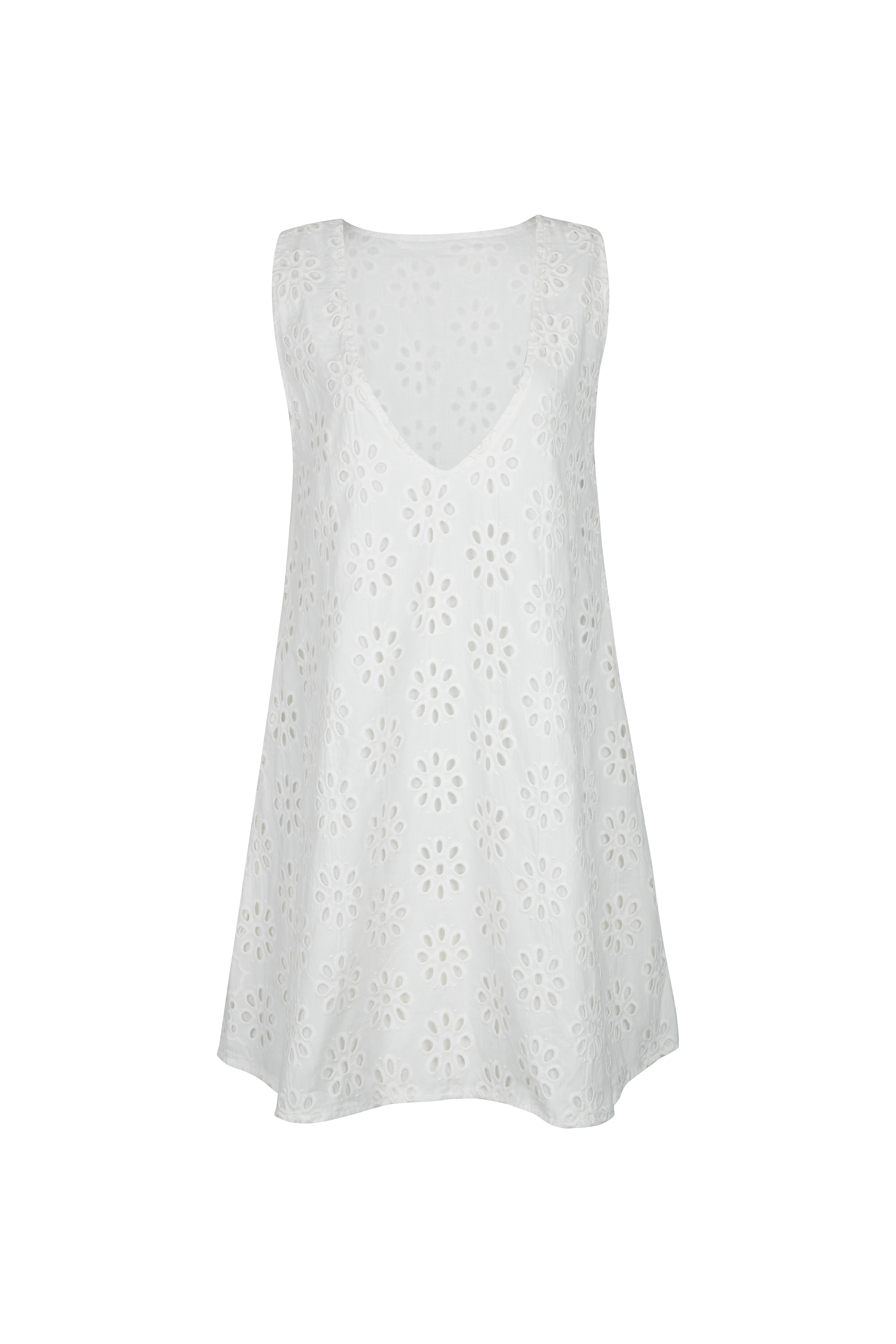 Mini Gili white floral eyelet ghost mannequin flat lay, reversible V-neck high neck cotton eyelet mini dress with side zipper 100% cotton Puka The Label 2026