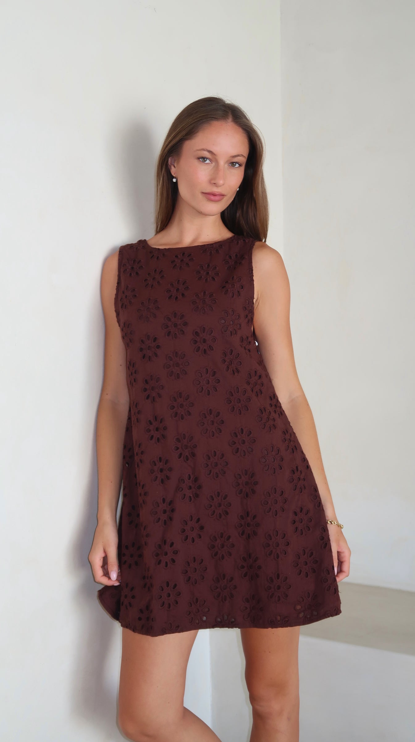 Brown eyelet mini dress — lightweight cotton, fully lined, reversible V-neck or high neck by Couper x Puka