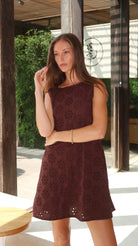 Brown eyelet Couper x Puka Mini Gili — chocolate brown floral cotton reversible beach cover-up mini
