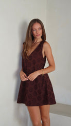 Brown floral eyelet mini dress side view — fully lined cotton, reversible high neck look, Couper x Puka