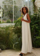 Mother's Day brunch dress — sophisticated beige maxi styled for spring, easy elegant women's outfit, Puka The Label