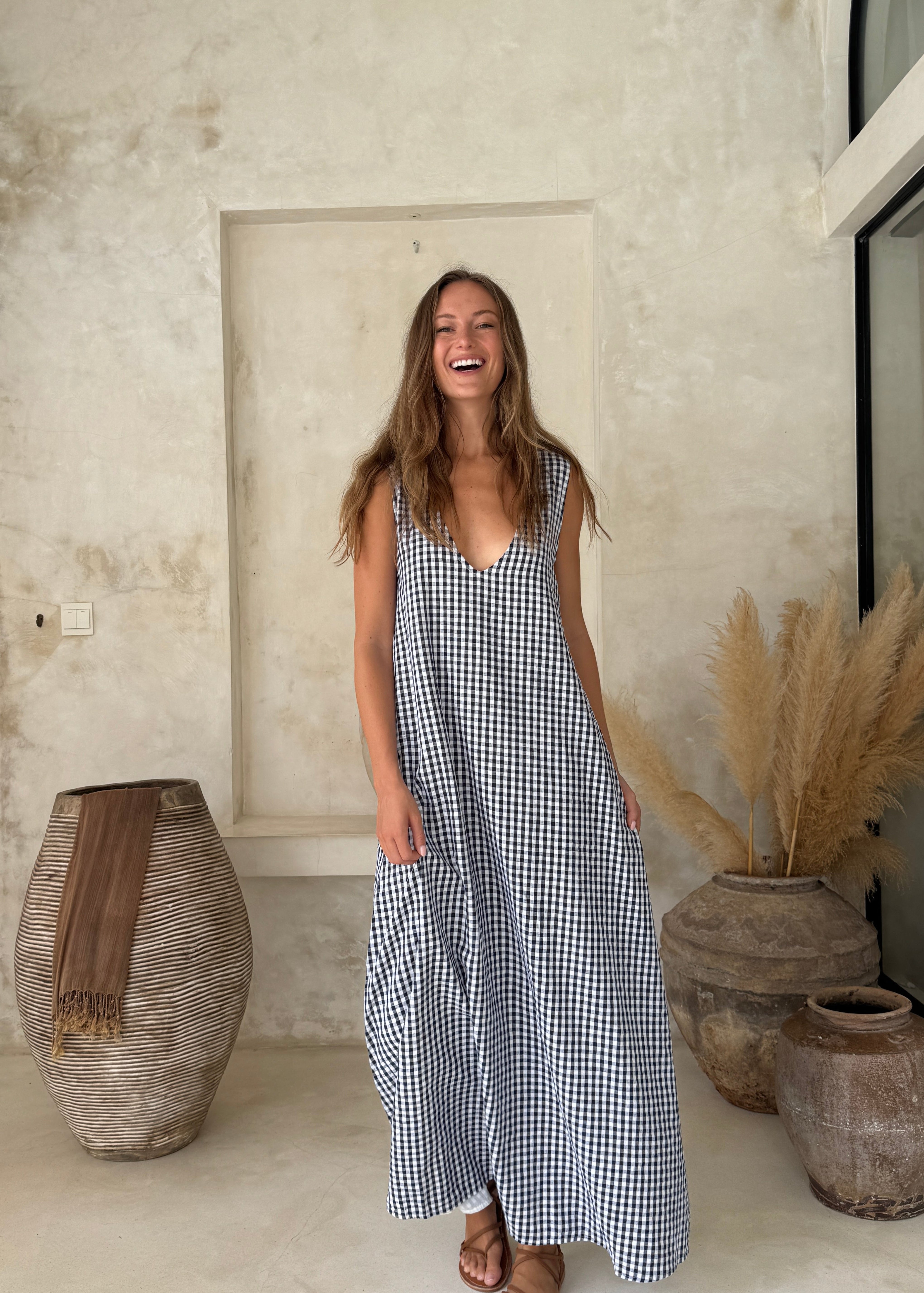 Navy check cotton maxi dress styled for the Hamptons and Nantucket, preppy coastal grandmother summer outfit 2026