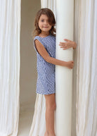 Navy gingham girls cotton dress 4th of July kids outfit 2026, classic preppy toddler dress for patriotic summer BBQ and outdoor celebration