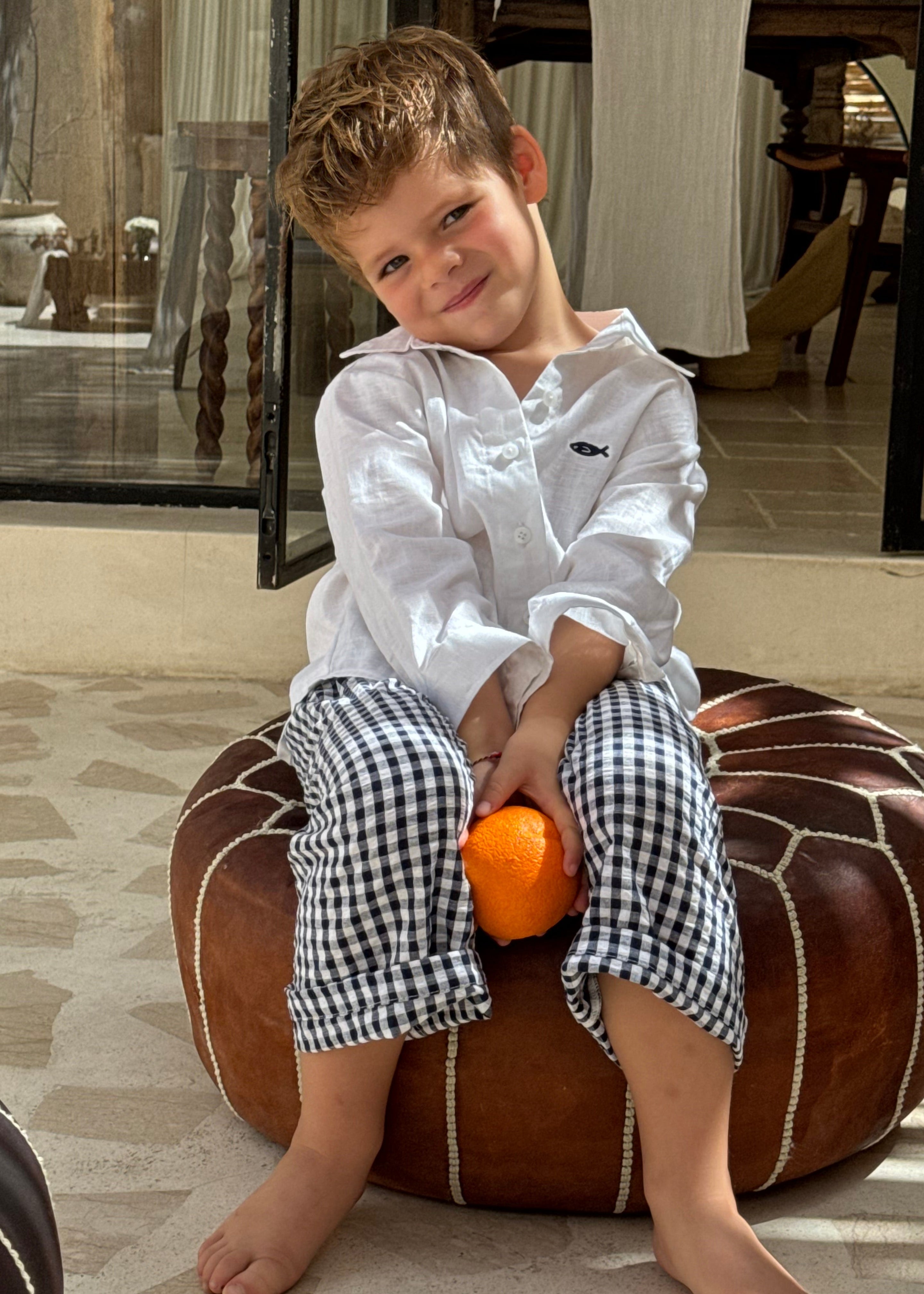 Navy gingham kids pants for boys, Puka The Label Pantai Pant nautical beach style