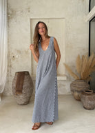 Navy gingham cotton maxi dress Hamptons summer outfit 2026, best selling destination wedding guest dress, 4th of July dress women, preppy coastal maxi dress for beach vacation and family photos