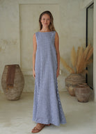 Navy gingham reversible maxi dress graduation party outfit idea, summer celebration dress high or V-neck 2026