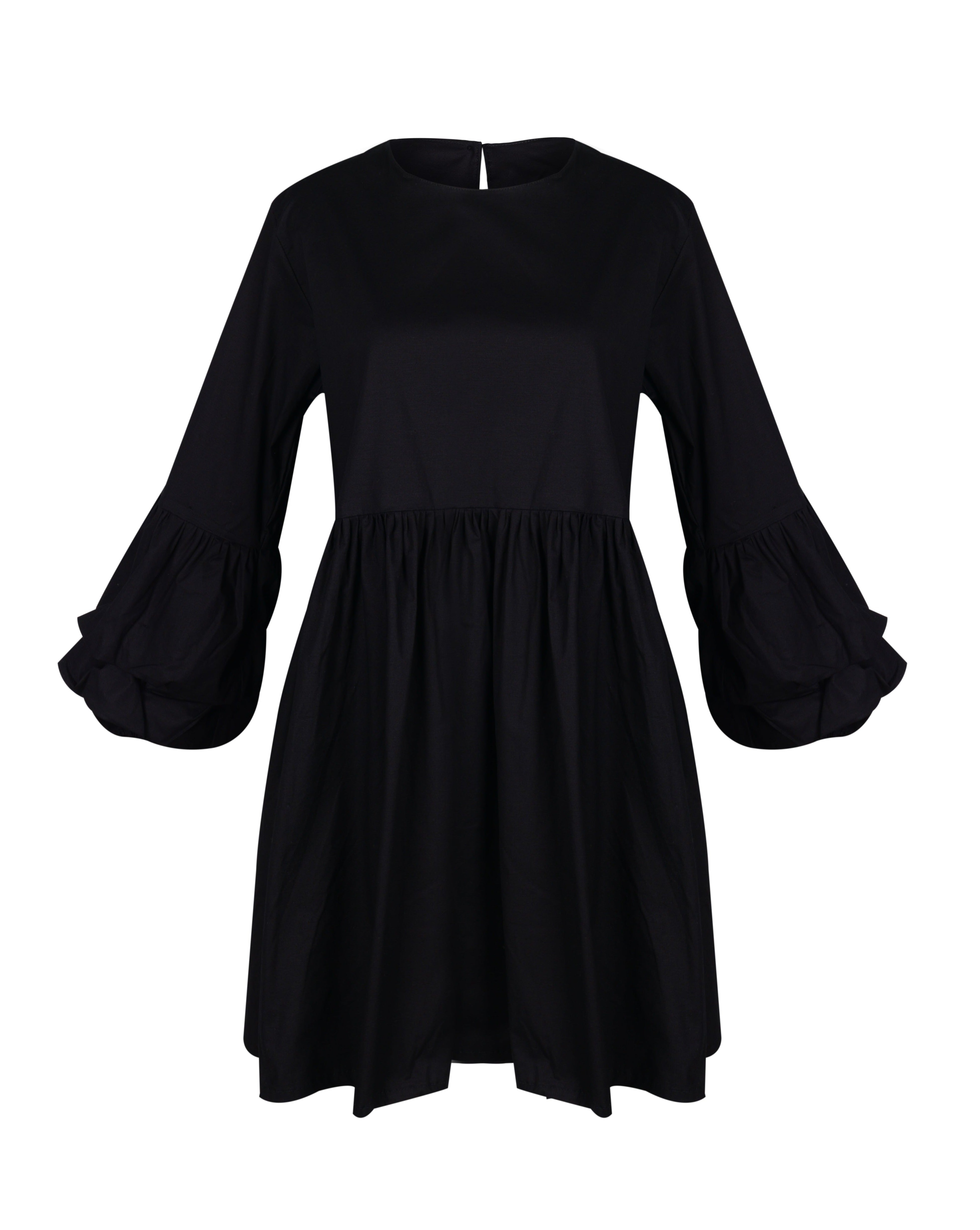 Nori Dress black ghost mannequin flat lay, oversized ruffle sleeve cotton mini dress with button closure 95% cotton 5% spandex Puka The Label 2026