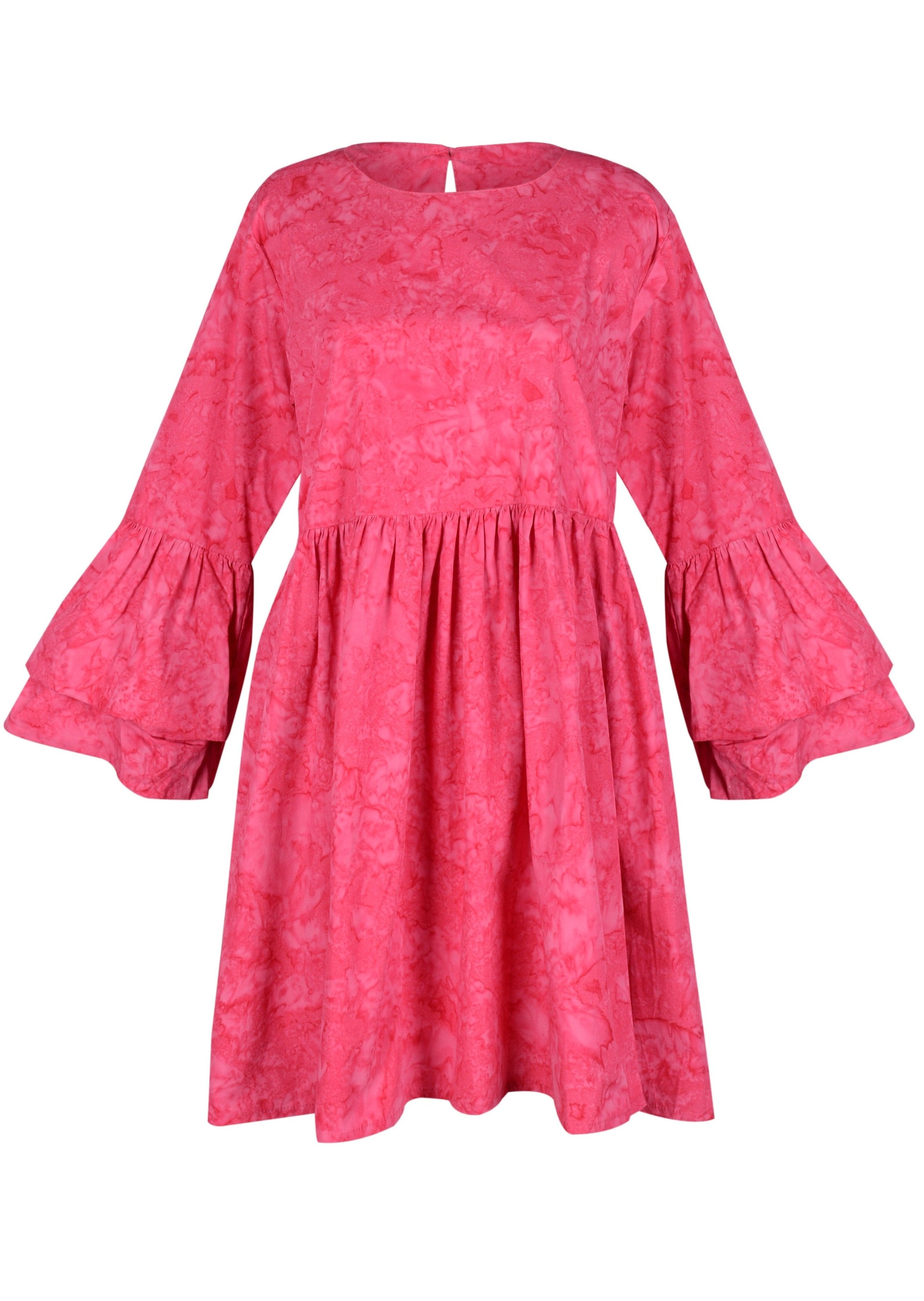 Nori Dress pink ghost mannequin flat lay, hand-dyed ruffle sleeve oversized cotton mini dress button closure neckline 100% cotton Java Puka The Label 2026