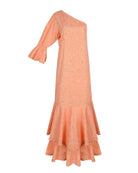 Peach ruffle maxi dress flat lay ghost mannequin, hand-dyed 100% cotton maxi with self belt scarf detail Puka The Label