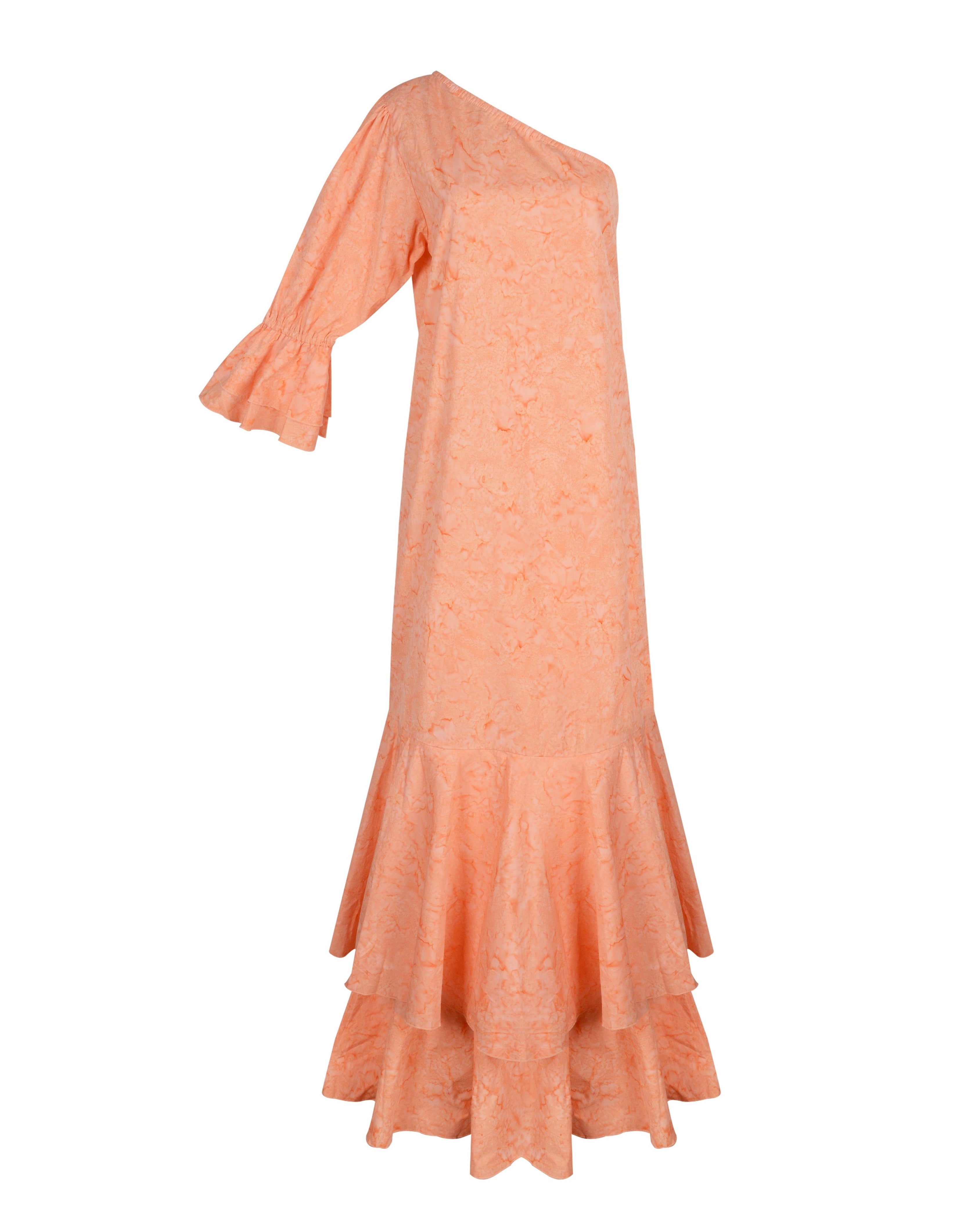 Peach ruffle maxi dress flat lay ghost mannequin, hand-dyed 100% cotton maxi with self belt scarf detail Puka The Label
