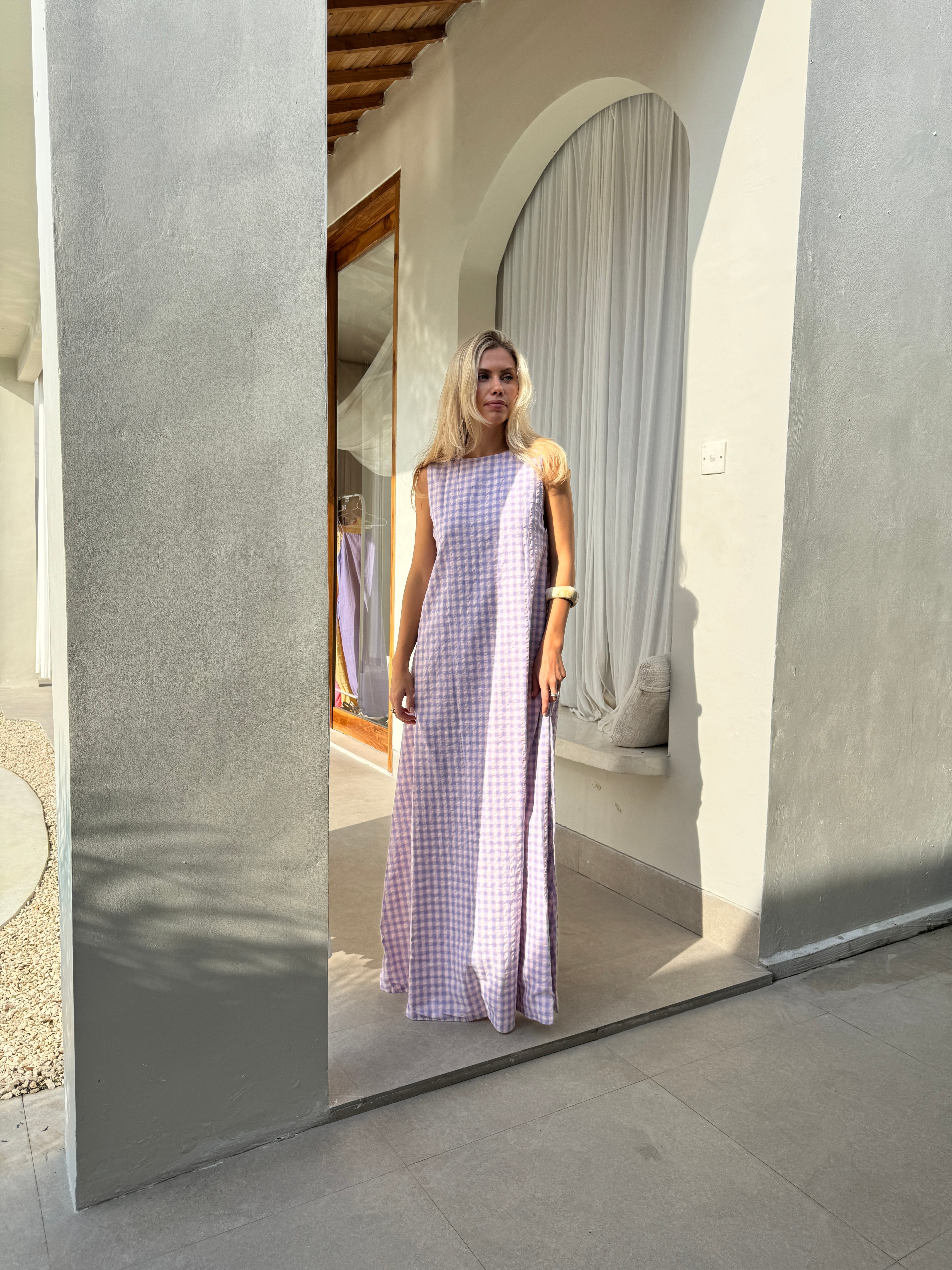 Pink gingham maxi dress bachelorette — Hilton Head 30A party