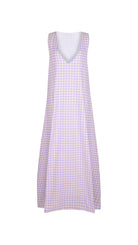 Pink purple gingham gili maxi dress — ghost mannequin front view Puka The Label