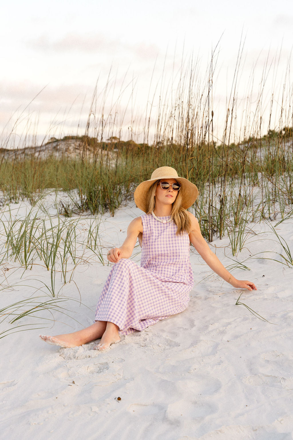 Pink purple gingham maxi dress — baby shower outfit idea