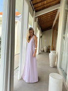 Pink purple gingham maxi dress — bump friendly maternity vacation