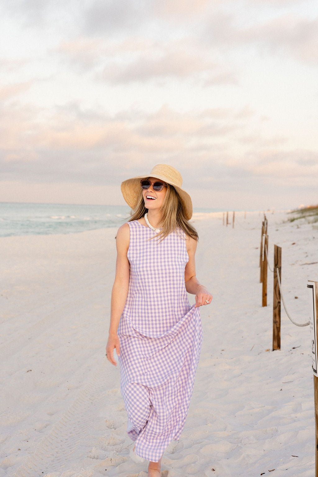 Pink purple gingham maxi dress — Hamptons beach vacation outfit