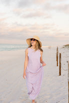 Pink purple gingham maxi dress — Hamptons beach vacation outfit
