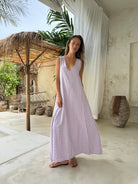 Pink purple gingham maxi dress — quiet luxury summer resort