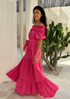 Pink off the shoulder maxi dress coastal beach wedding guest outfit, fun feminine dress for tea party and bridal shower 2026