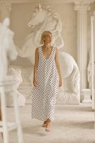 Polka dot cotton maxi dress graduation party outfit 2026, chic black and white dress for outdoor summer ceremony and garden celebration
