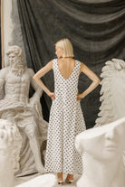 Polka dot maxi dress 4th of July party outfit 2026, classic cotton dress for outdoor summer celebration, backyard BBQ, and patriotic event
