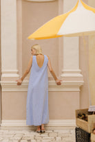 Close-up light blue gingham cotton texture — natural fabric maxi dress, Puka The Label