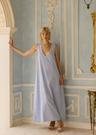 Light blue gingham cotton maxi dress full length — effortless vacation style, Puka The Label