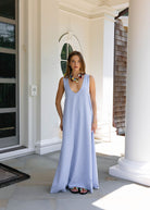 How to style a light blue gingham maxi dress in the Hamptons — effortless resort look, Puka The Label
