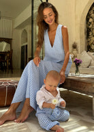 Mommy and me matching light blue gingham outfits — baby boy and mama Easter and Mother's Day style, Puka The Label