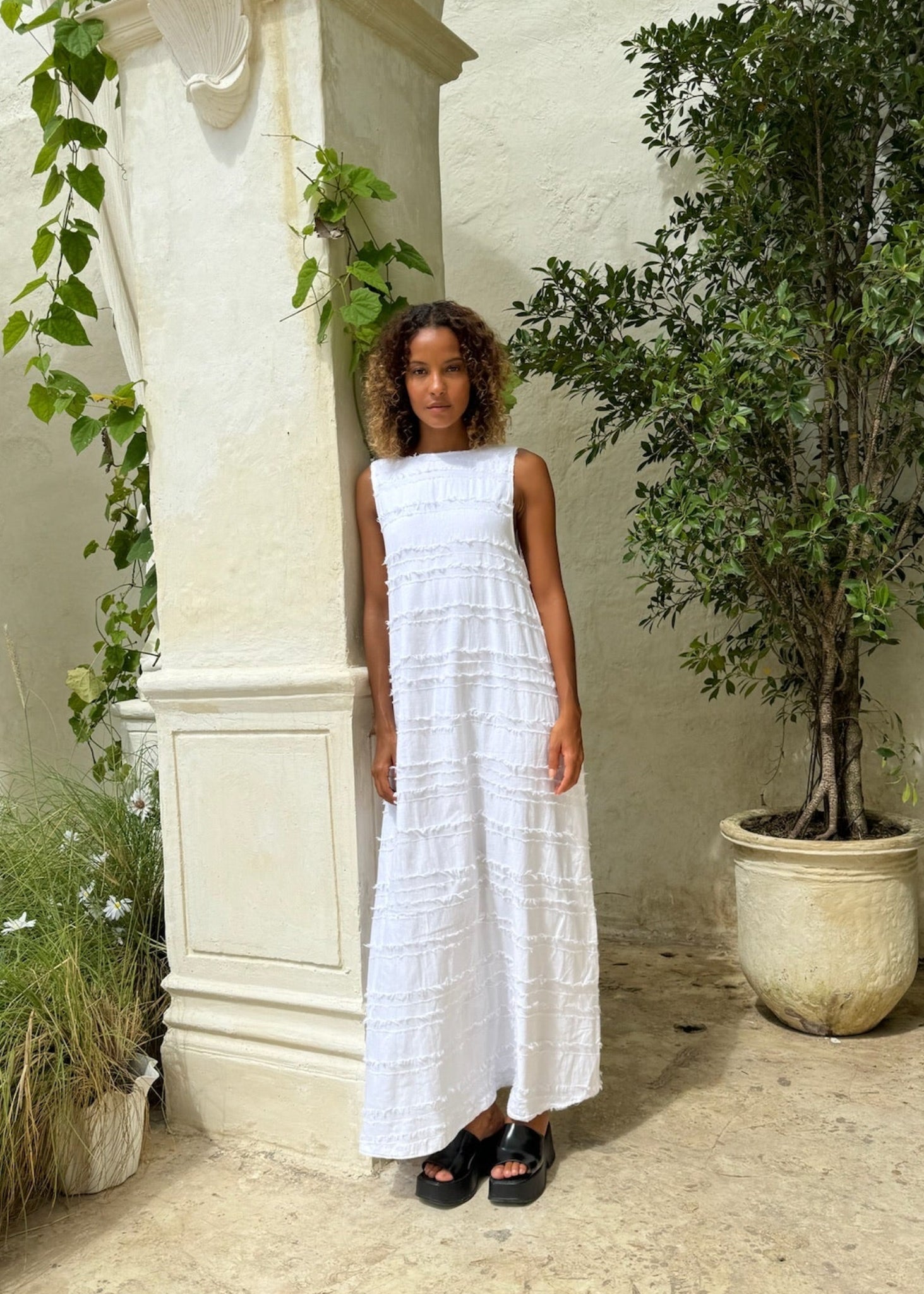 White feather cotton maxi dress full length front view — effortless vacation dress, Puka The Label