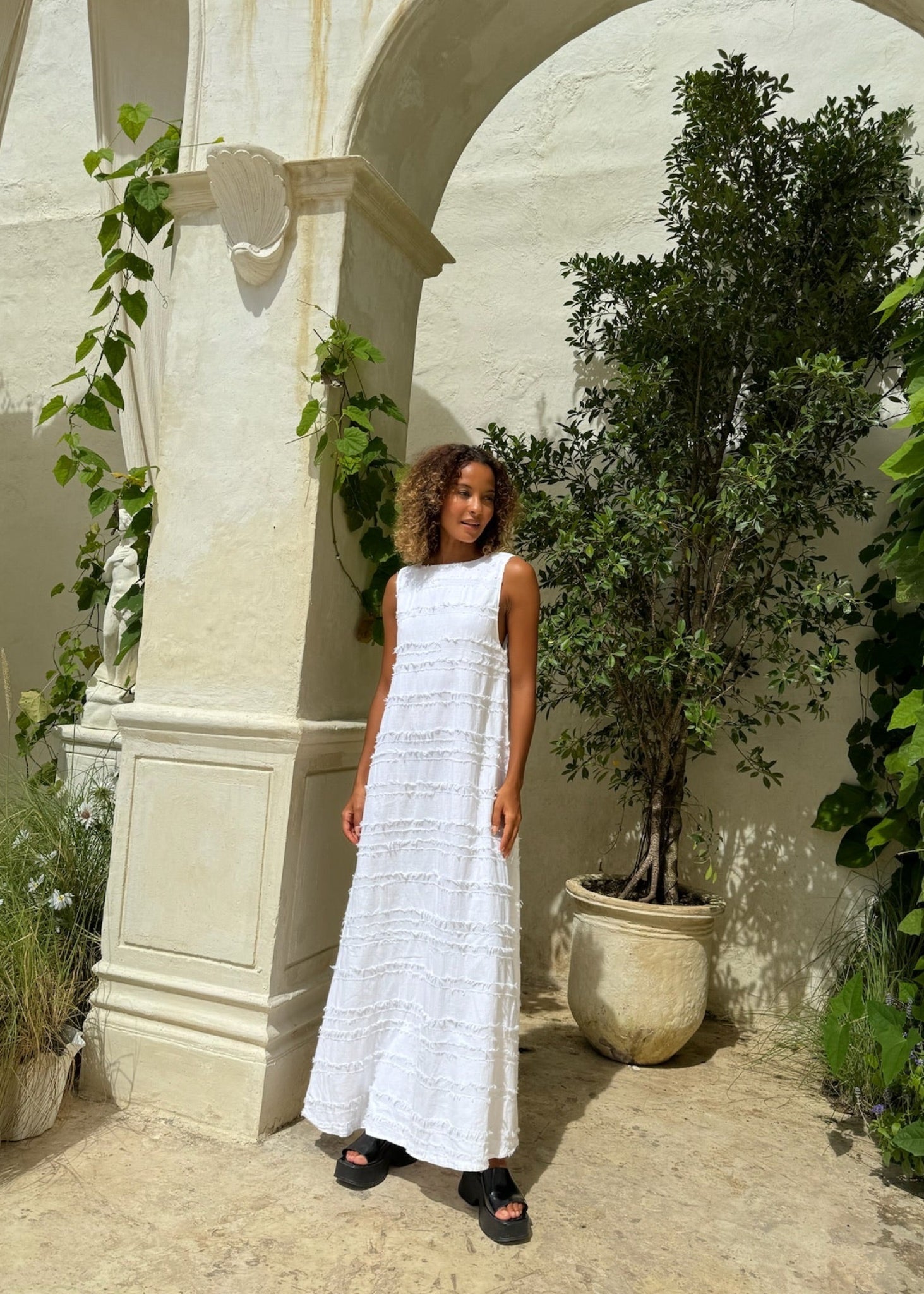 Reversible plunge V-neck white maxi dress — chic beach to dinner look, Puka The Label