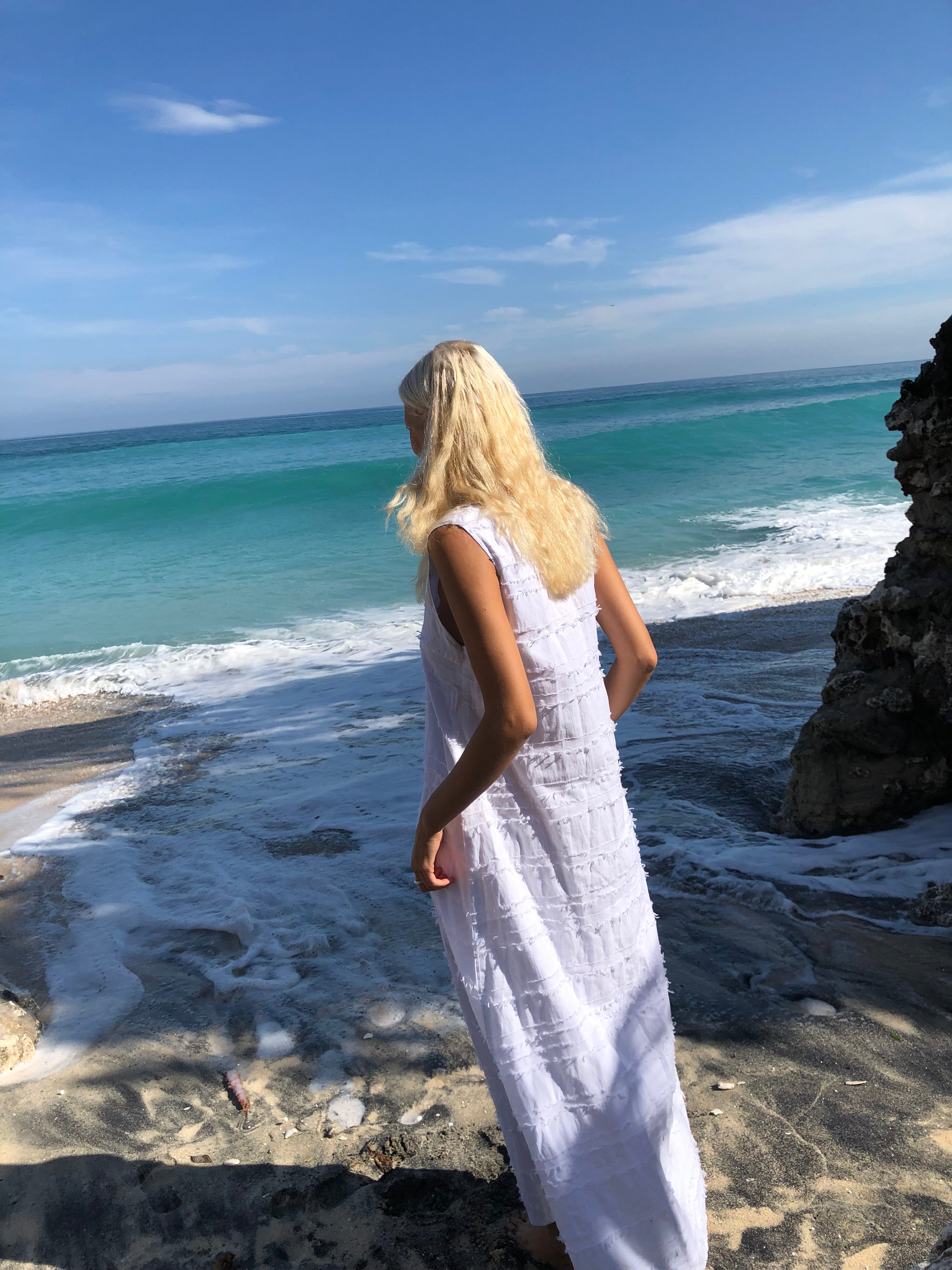 White long maxi as beach cover-up — destination wedding guest dress, Puka The Label