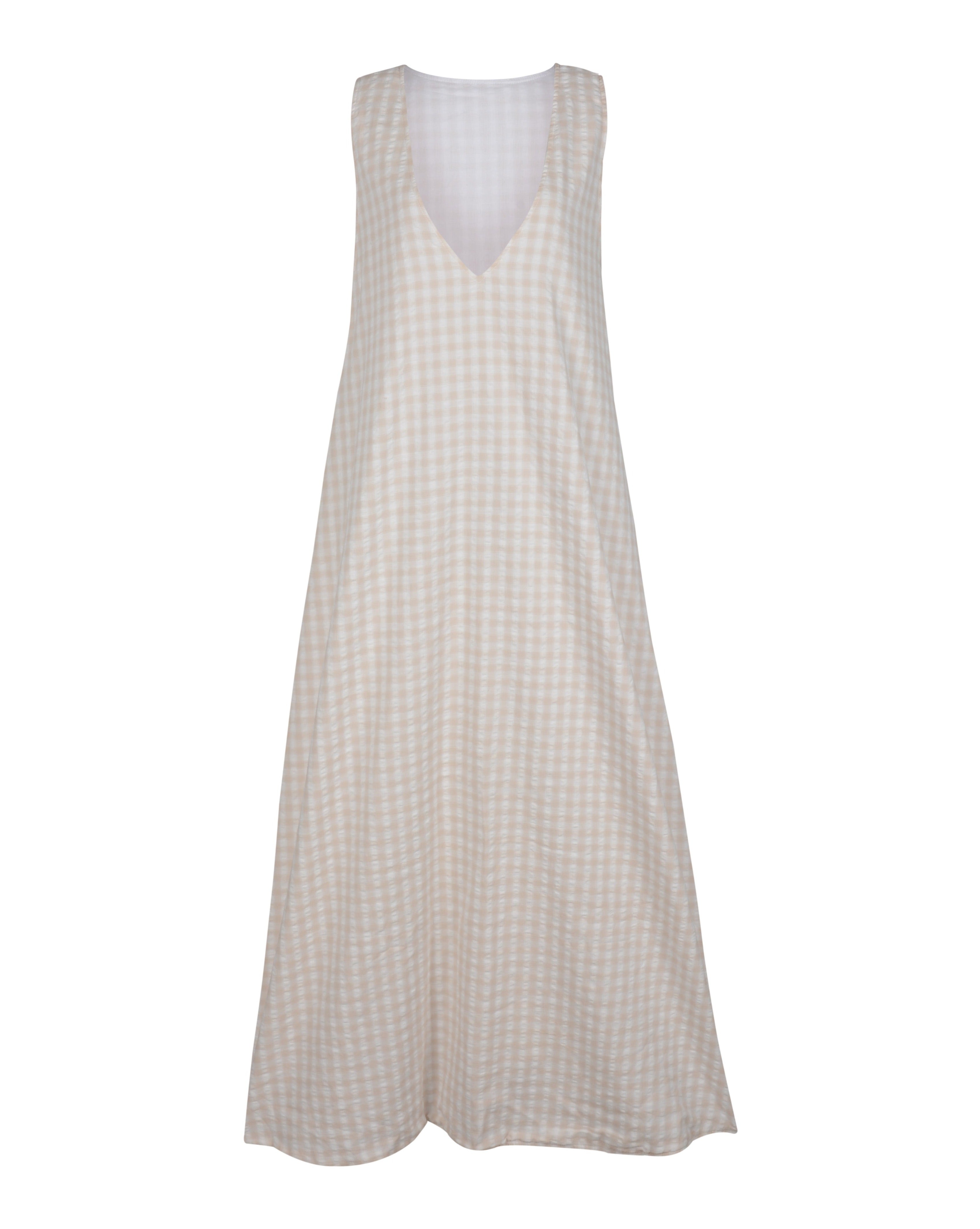 Puka The Label Beige Gingham Gili Dress — quiet luxury maxi dress Hamptons Palm Beach European summer old money aesthetic