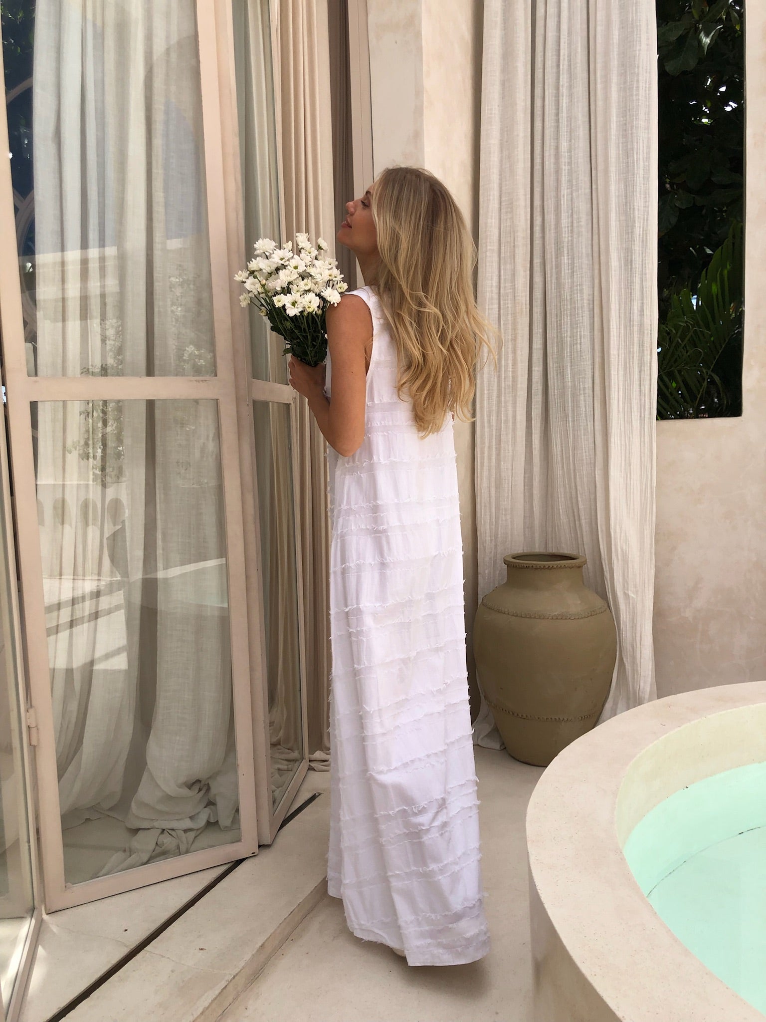 Lightweight white cotton maxi on the beach — Amalfi coast outfit inspiration, Puka The Label