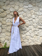 White maxi dress as chic beach cover-up over swimsuit — old money coastal aesthetic, Puka The Label