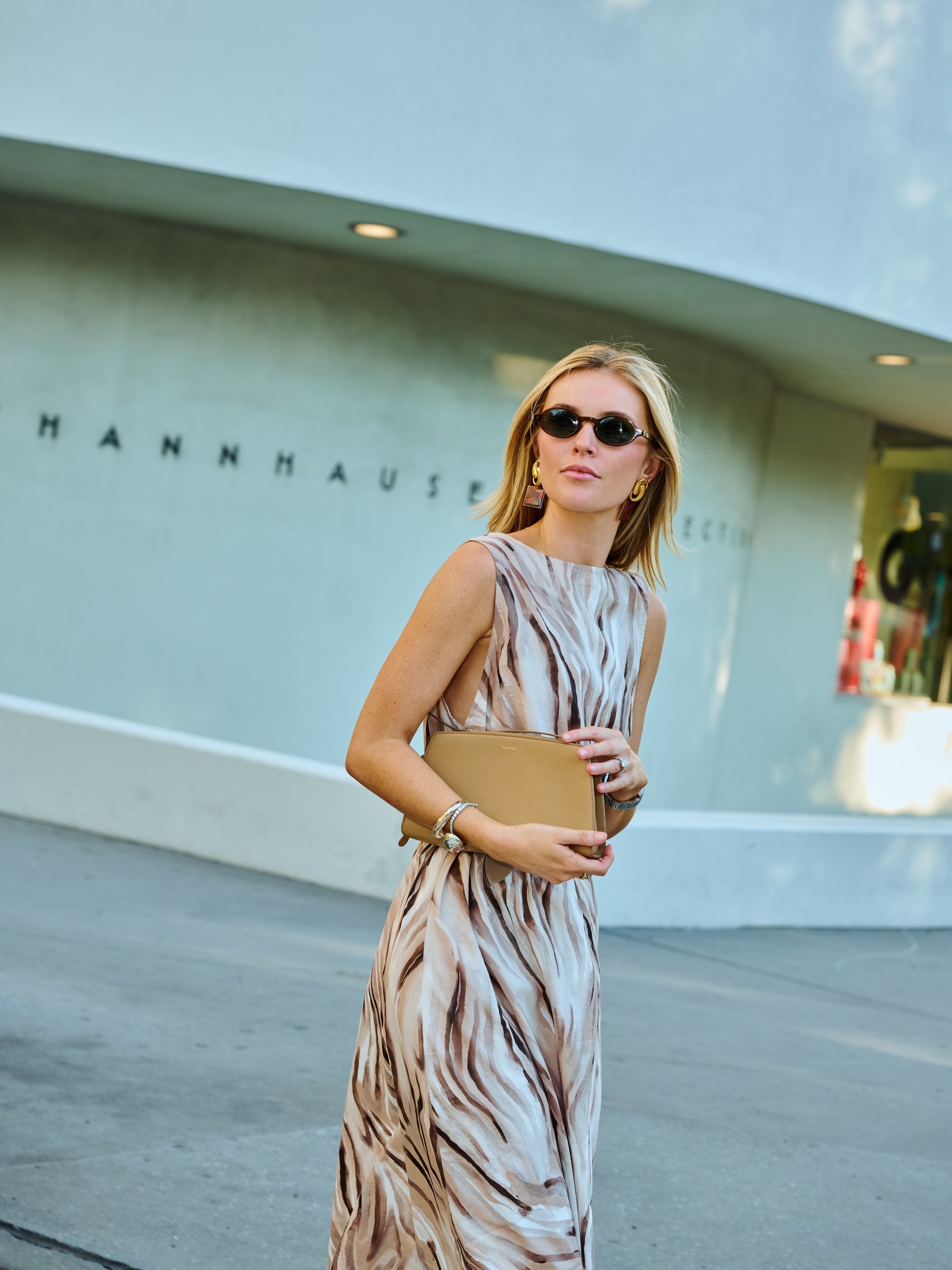 Natalie Simkins in the Cleo Brown Zebra watercolor print maxi, close-up detail, NYC