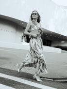 Natalie Simkins in the Cleo Brown Zebra maxi, Guggenheim Museum NYC, editorial black and white