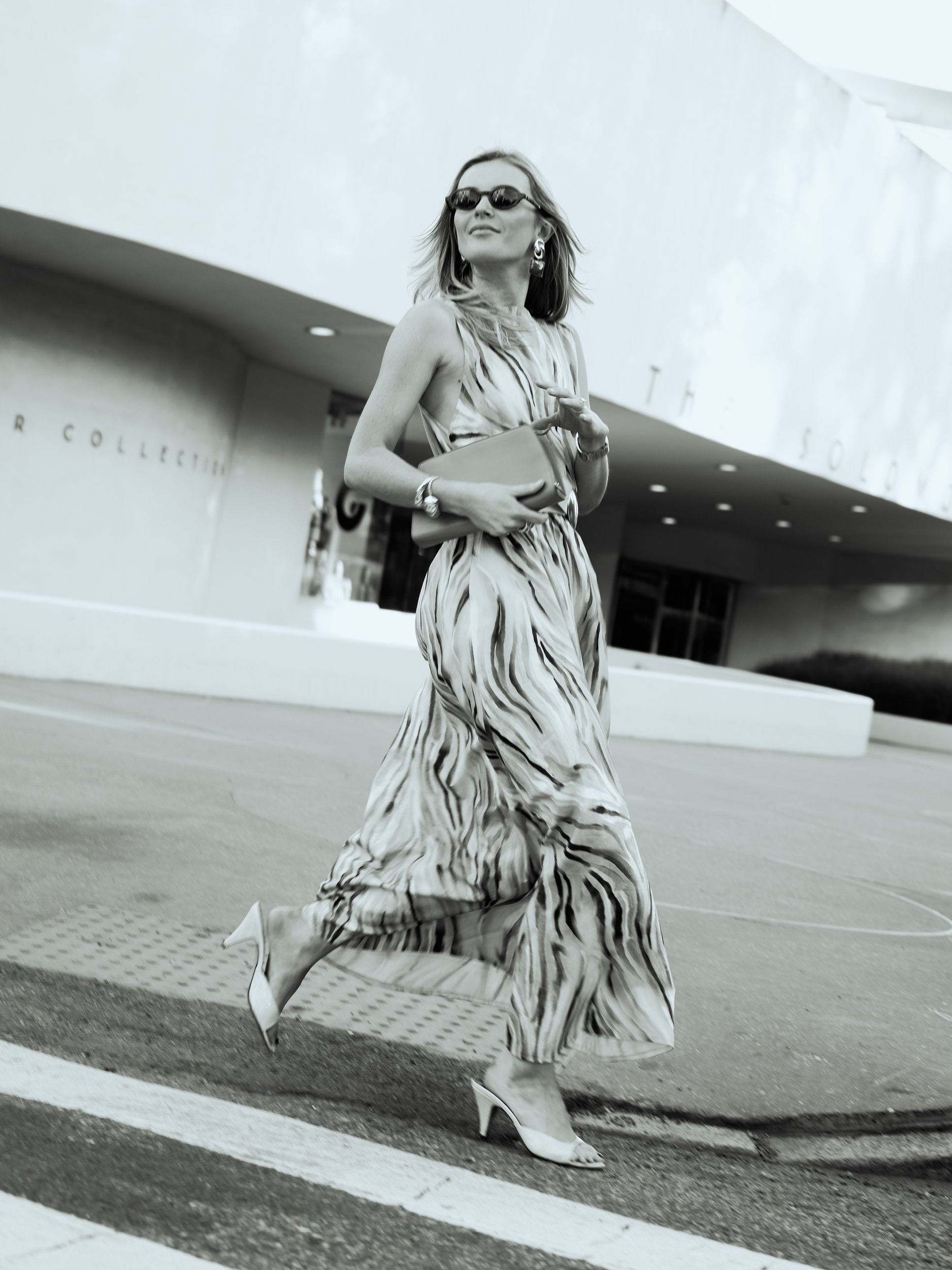 Natalie Simkins in the Cleo Brown Zebra maxi, Guggenheim Museum NYC, editorial black and white
