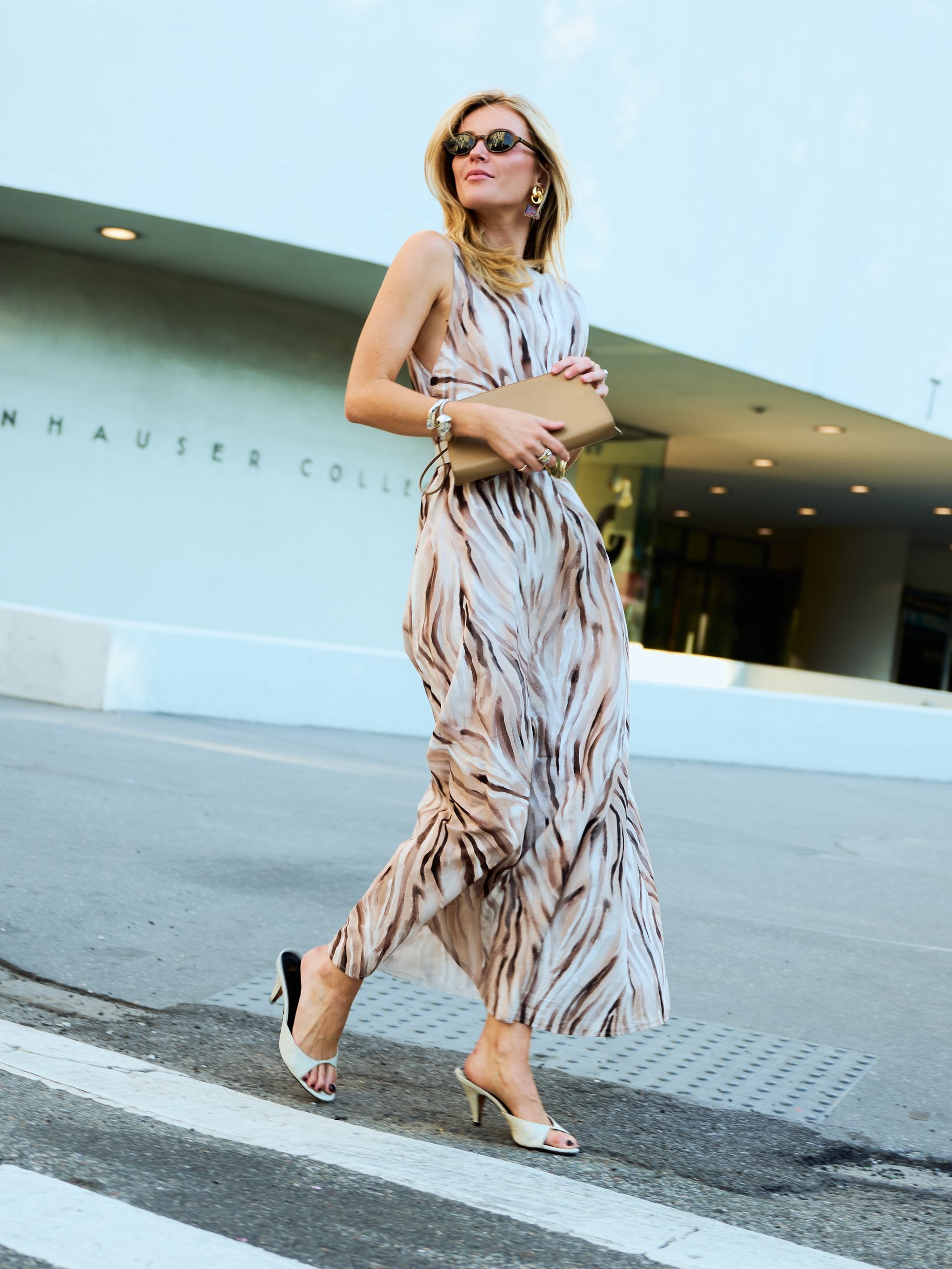 Brown Zebra Cleo maxi dress, abstract watercolor wave print detail, Natalie Simkins NYC
