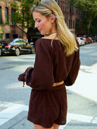Puka Colette Set Espresso — Natalie Simkins, side view showing balloon sleeve volume and matching shorts