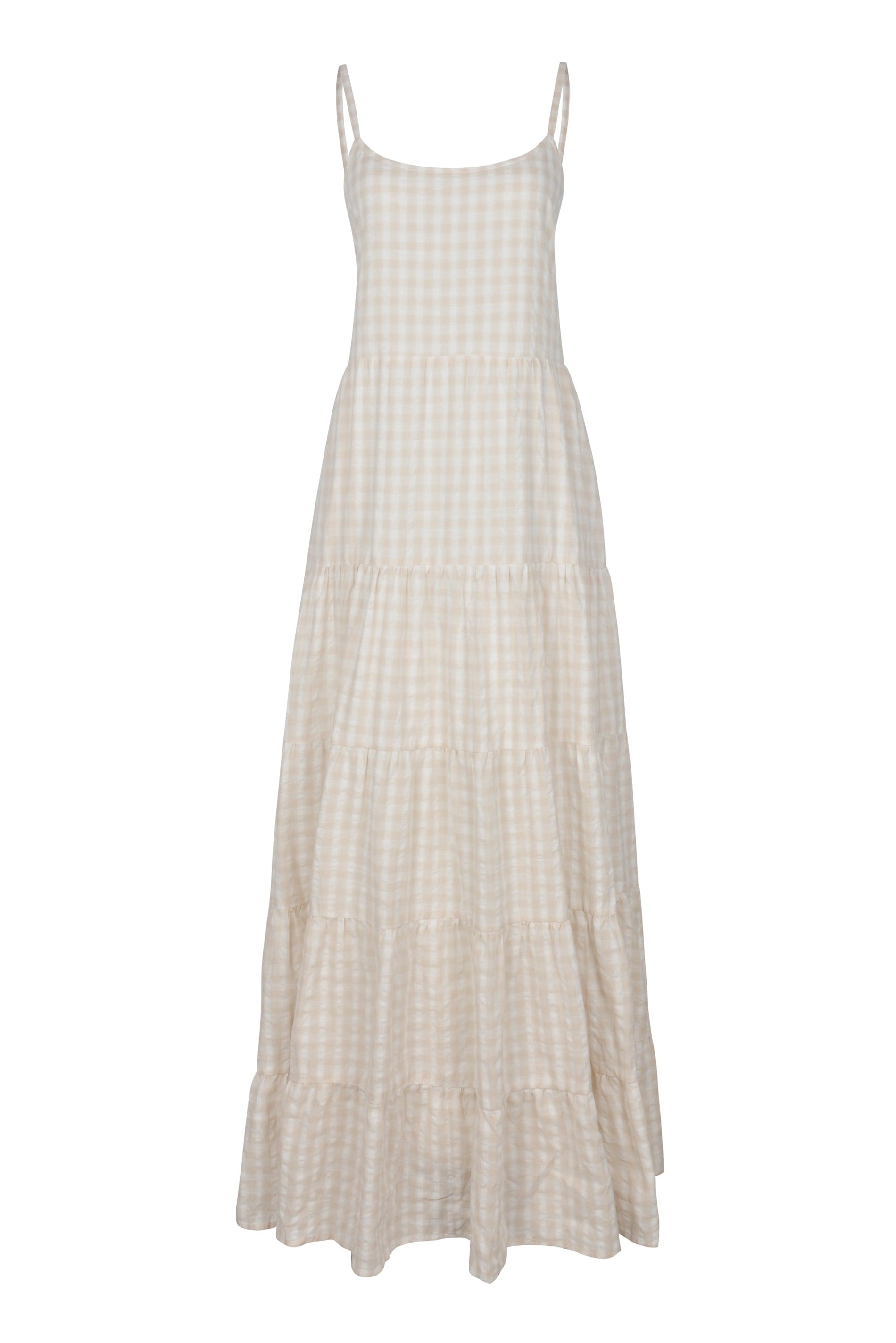 Waverly Dress in Beige Check | Tiered Cotton Maxi Dress for Quiet Luxury, Vineyard Weekends & Summer 2026 | Puka The Label puka Waverly Dress in Beige Check | Tiered Cotton Maxi Dress for Quiet Luxury, Vineyard Weekends & Summer 2026 | Puka The Label puka