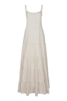 Puka best-selling fabric beige gingham in a flowy, tiered easy to wear spring and summer dress