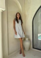 Light blue textured cotton Gili maxi dress Hamptons — Couper x Puka reversible high neck or V-neck