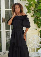 Black long gown, off the shoulder ruffle dress