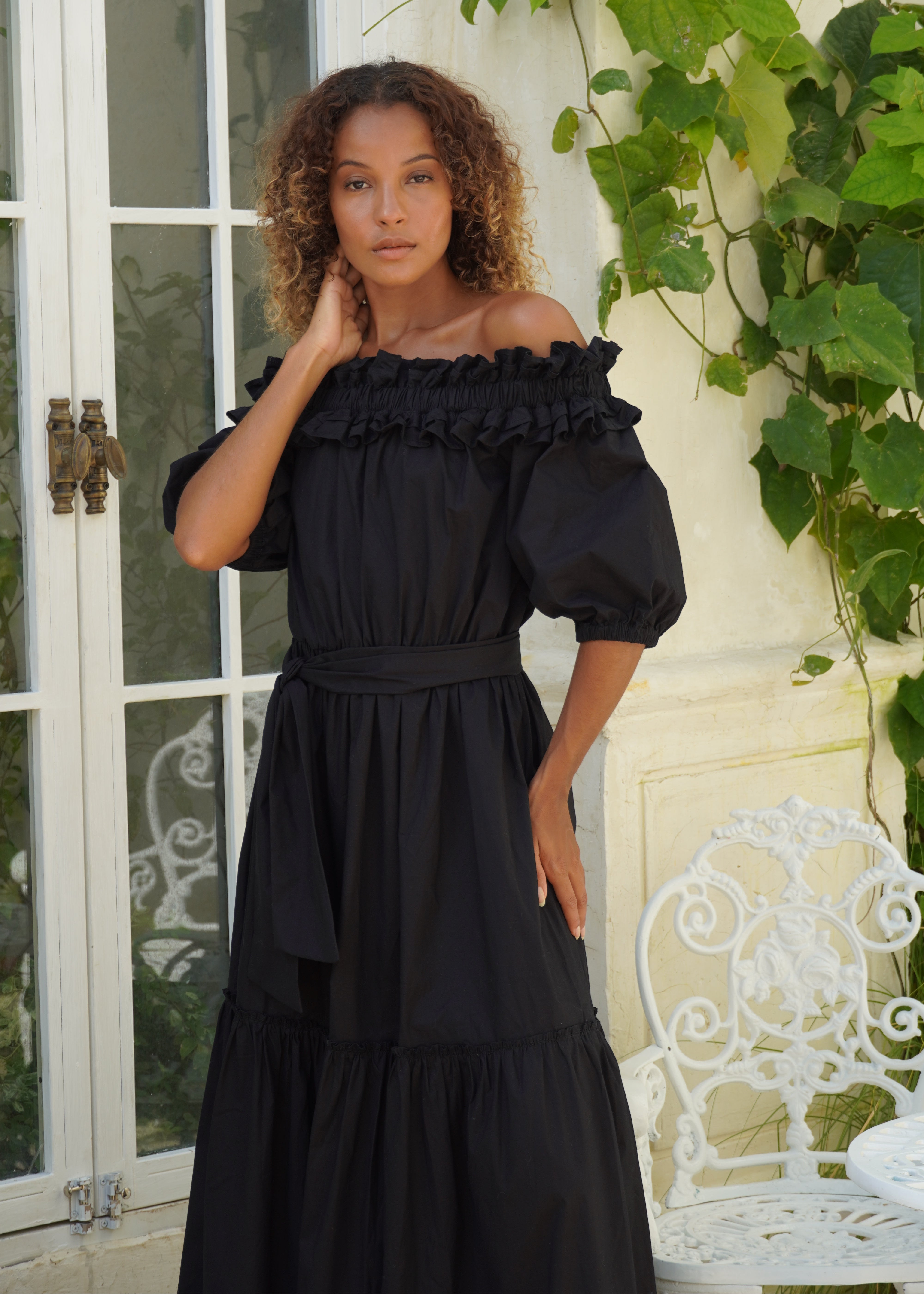 Black long gown, off the shoulder ruffle dress