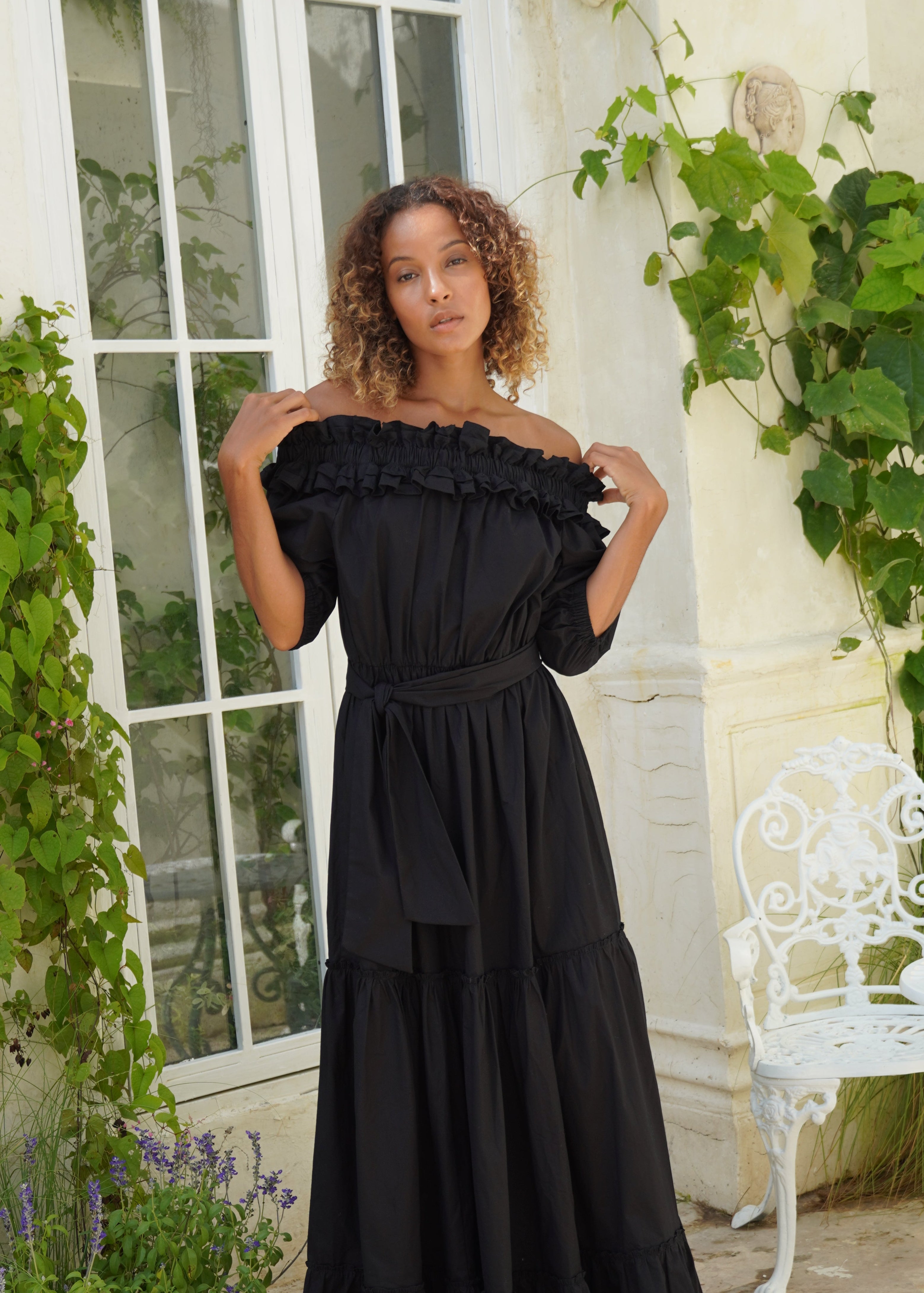 Ruffled off the shoulder black dress
