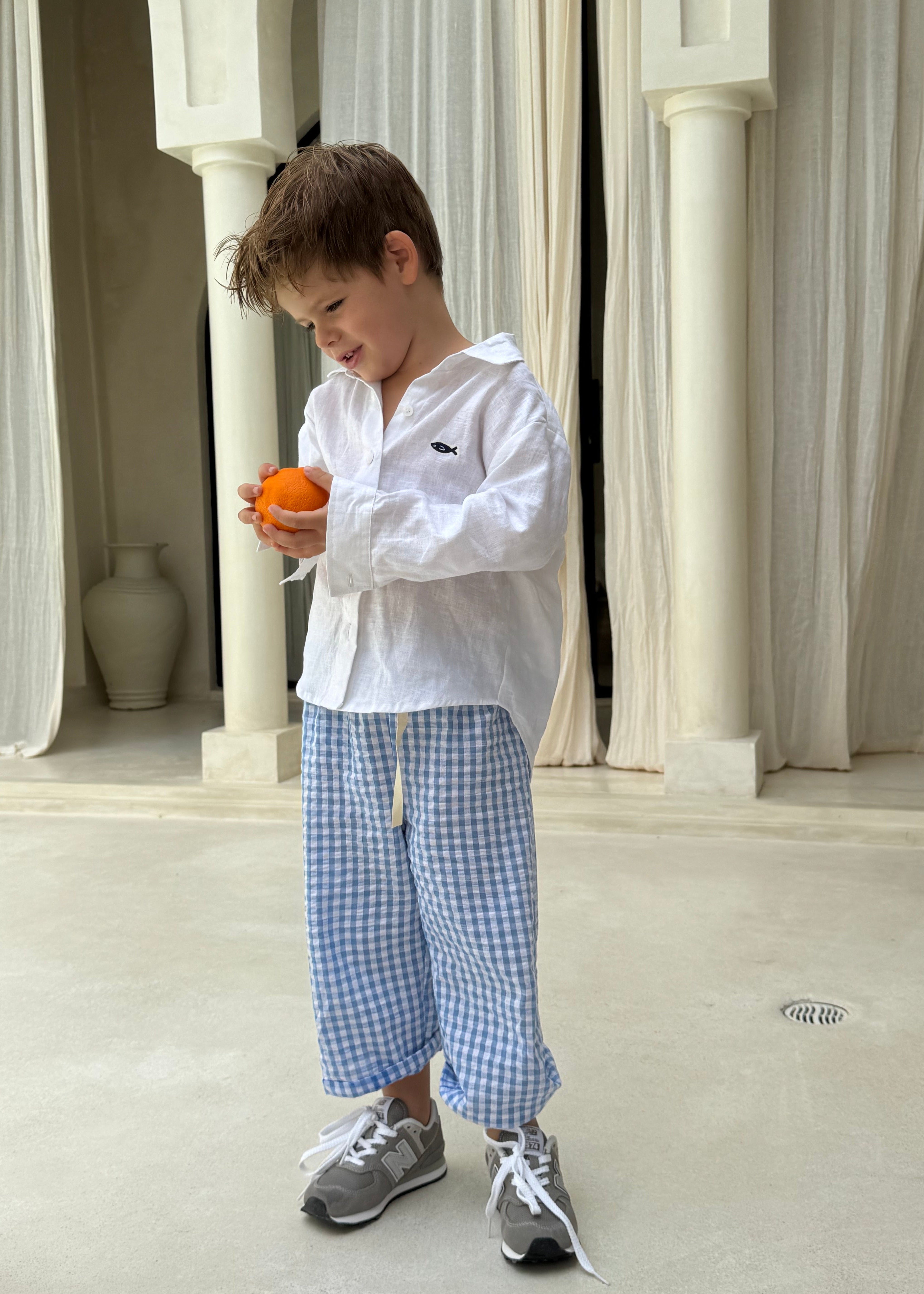 Pantai Pant light blue gingham boys pants, Mommy and Me matching kids outfit for beach and resort getaways