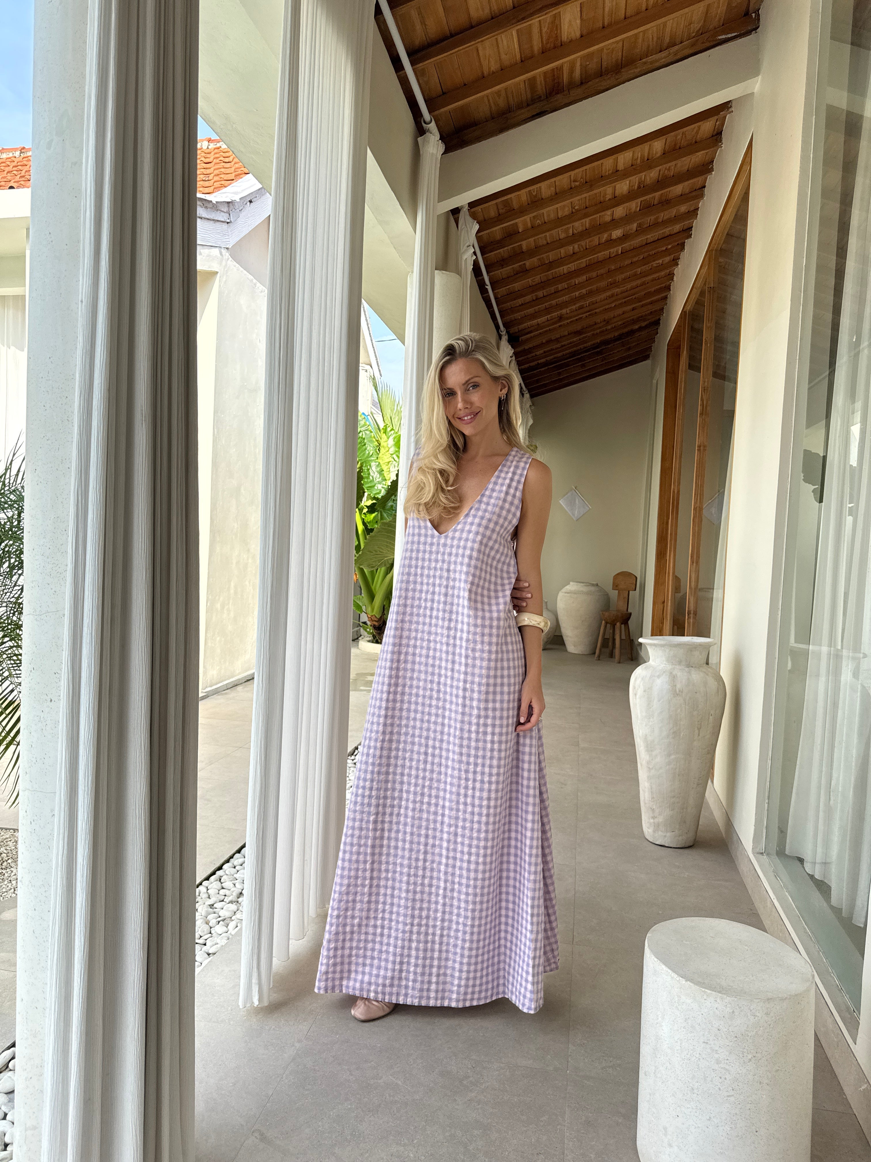 pink and purple gingham dress Purple Gingham Spaghetti Strap Swing Dress - Medium
