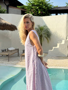 Purple gingham reversible maxi dress — rehearsal dinner coastal